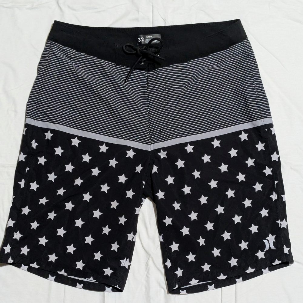Hurley Shorts Board Shorts Swim Blk White Stars Stripe 10" Inseam Sz 32 Like New